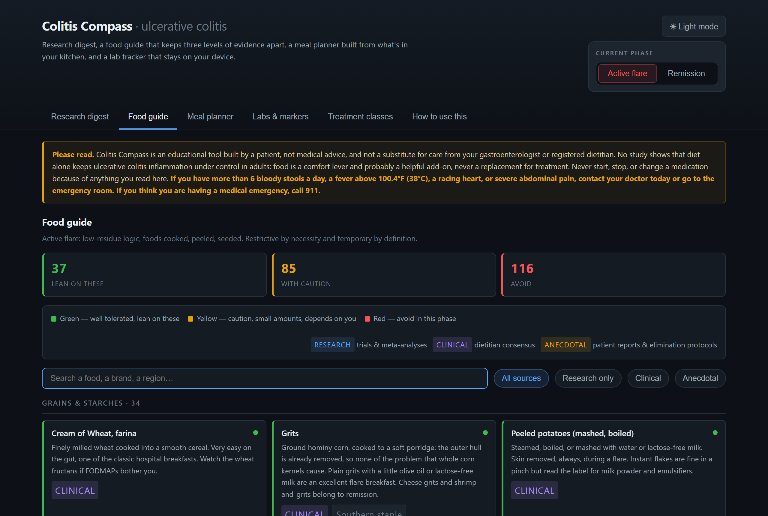 Colitis Compass food guide, dark theme: counts of foods to lean on, with caution, and to avoid during a flare, and the first food cards