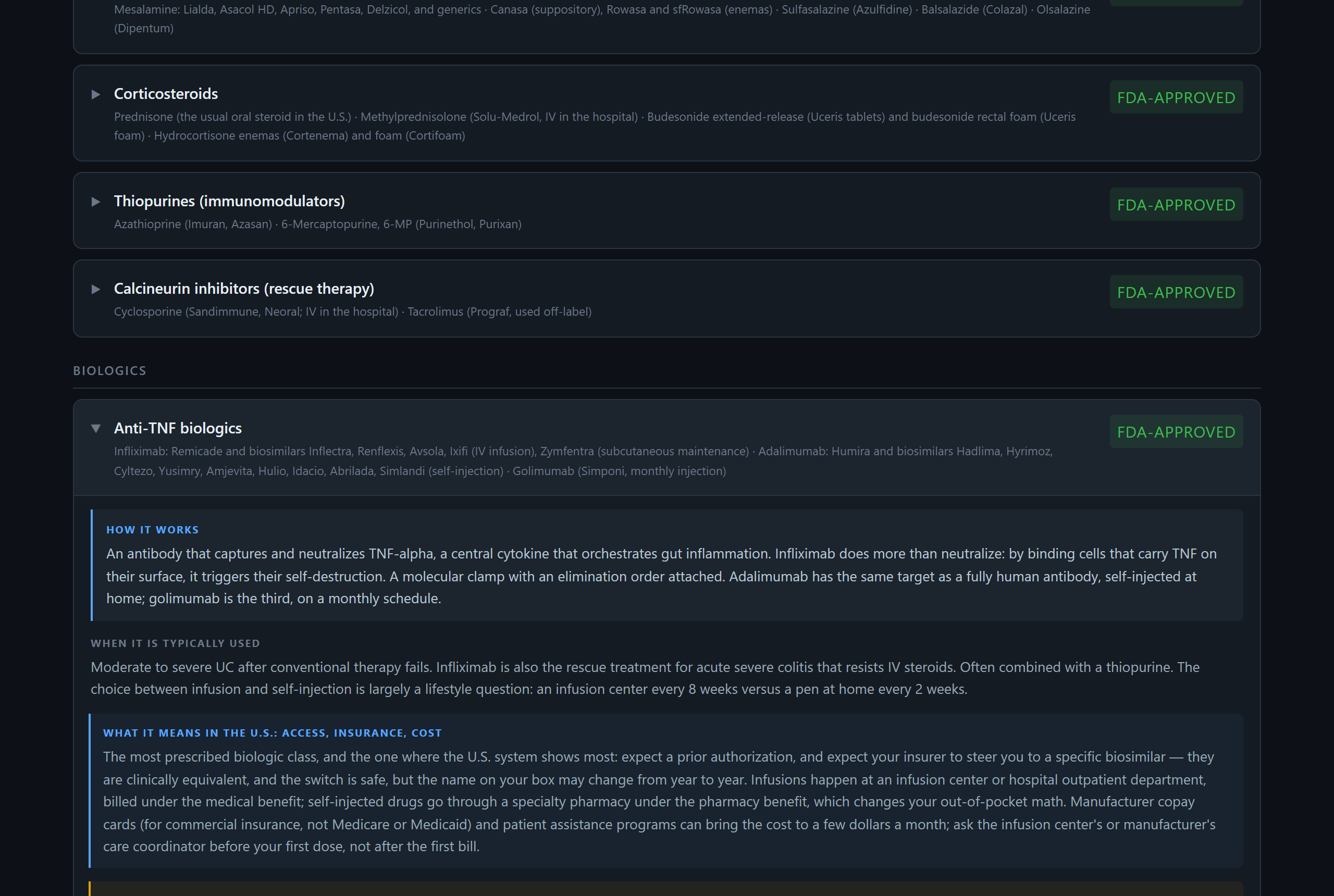 Treatment classes tab with the anti-TNF card open